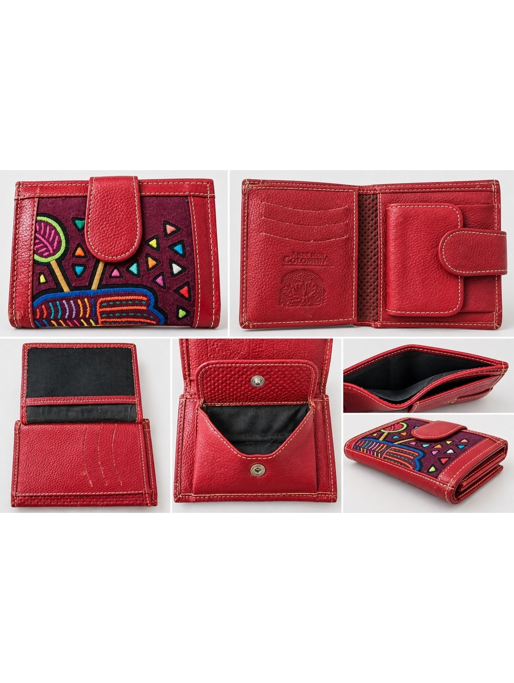 Arte Kuna Colombia Leather Mola Wallet Handmade Kuna Indian Textile